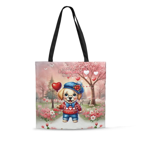 Happy Valentine’s Day Adorable Labrador Retriever Puppy Holding Heart Balloon All Over Print 3D Canvas Tote Bag Lab Dog Lover Gifts Reusable Handbag - 00030