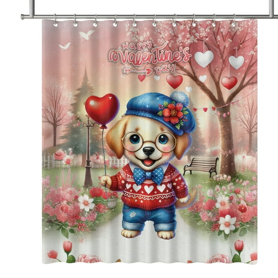 Happy Valentine’s Day Adorable Labrador Retriever Puppy Holding Heart Balloon Shower Curtain Lab Dog Lover Gifts Waterproof Bathroom Bathtub Curtain - 00030