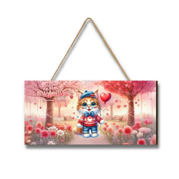 Happy Valentine’s Day Adorable Maine Coon Kitten Holding Heart Balloon Landscape Wood Sign Cat Lover Kitten Owner Gifts Hanging Wall Home Decor - 00030