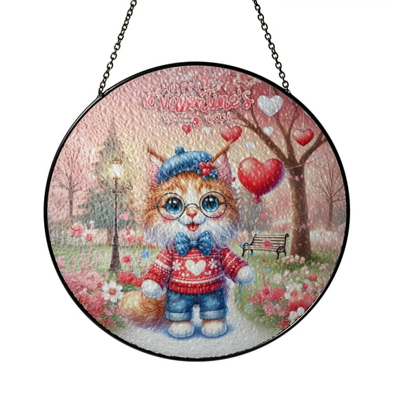 Happy Valentine’s Day Adorable Maine Coon Kitten Holding Heart Balloon Stained Glass Suncatcher Cat Lover Kitten Owner Gifts Window Hanging Sign Decor - 00030