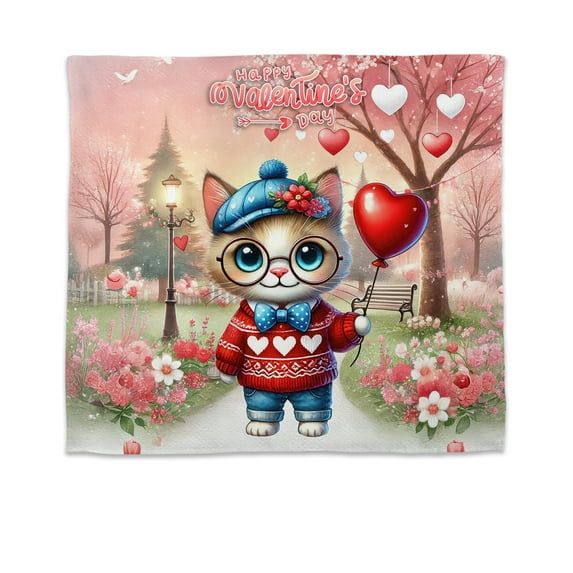 Happy Valentine’s Day Adorable Manx Kitten Holding Heart Balloon Tapestry Cat Lover Kitten Owner Gifts Wall Hanging Backdrop Home Decor - 00030