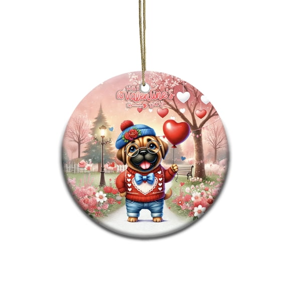 Happy Valentine’s Day Adorable Mastiff Puppy Holding Heart Balloon Ceramic Round Ornament Mastiffs Dog Lover Gifts Idea Home Tree Decor - 00030
