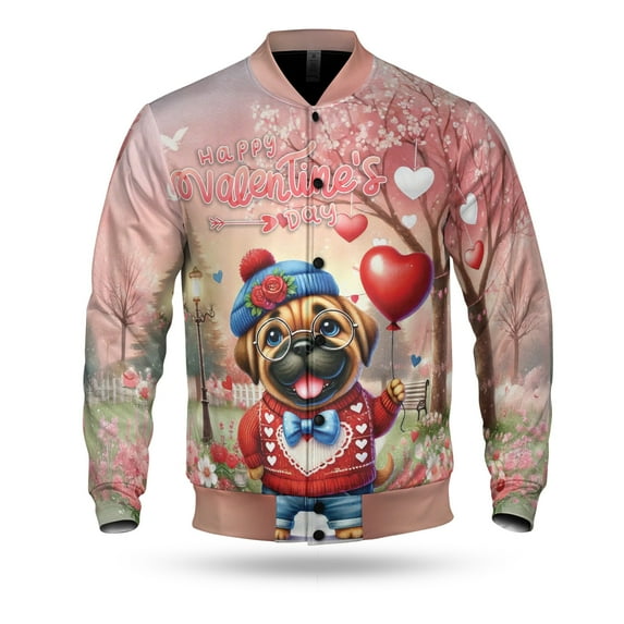 Happy Valentine’s Day Adorable Mastiff Puppy Holding Heart Balloon All Over Print 3D Baseball Jacket Mastiffs Dog Lover Gifts Idea Bomber Jacket Softball - 00030
