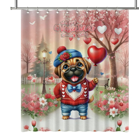 Happy Valentine’s Day Adorable Mastiff Puppy Holding Heart Balloon Shower Curtain Mastiffs Dog Lover Gifts Idea Waterproof Bathroom Bathtub Curtain - 00030