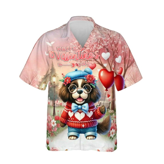 Happy Valentine’s Day Adorable Newfoundland Puppy Holding Heart Balloon Hawaiian Shirt Breathable Summer Unisex Merch Newfie Dog Lover Gifts - 00030