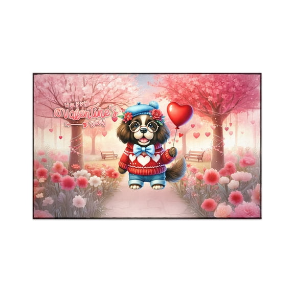 Happy Valentine’s Day Adorable Newfoundland Puppy Holding Heart Balloon Indoor Rug Newfie Dog Lover Gifts Carpet Living Bed Room Sofa Home Decor - 00030