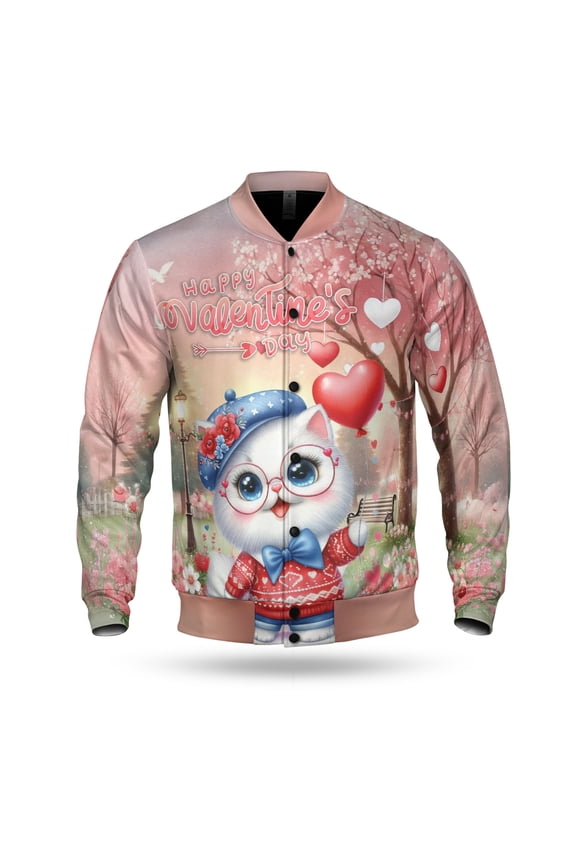 Happy Valentine’s Day Adorable Persian Kitten Holding Heart Balloon All Over Print 3D Baseball Jacket Cat Lover Kitten Owner Gifts Bomber Jacket Softball - 00030