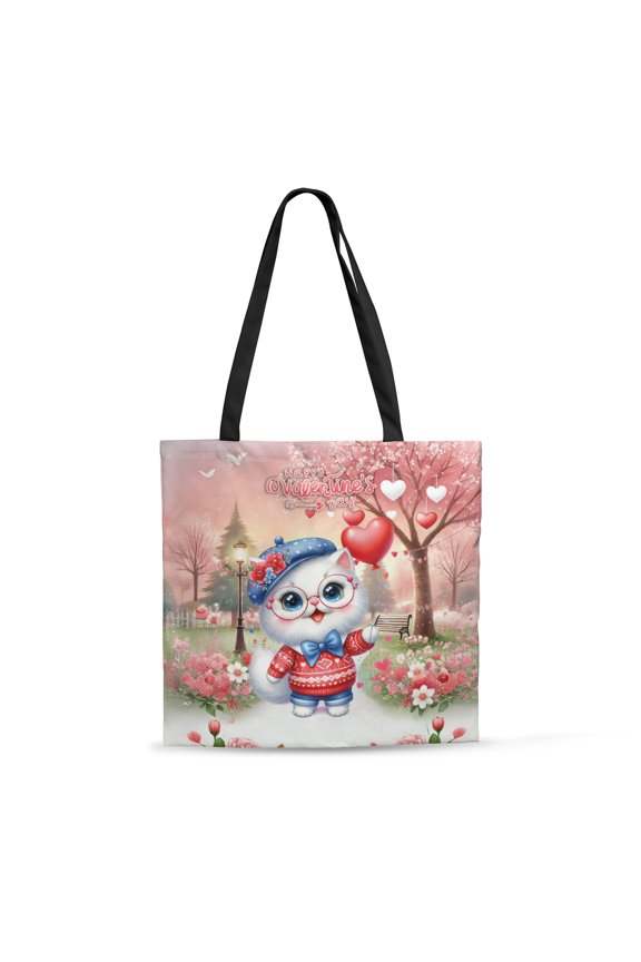 Happy Valentine’s Day Adorable Persian Kitten Holding Heart Balloon All Over Print 3D Canvas Tote Bag Cat Lover Kitten Owner Gifts Reusable Handbag - 00030