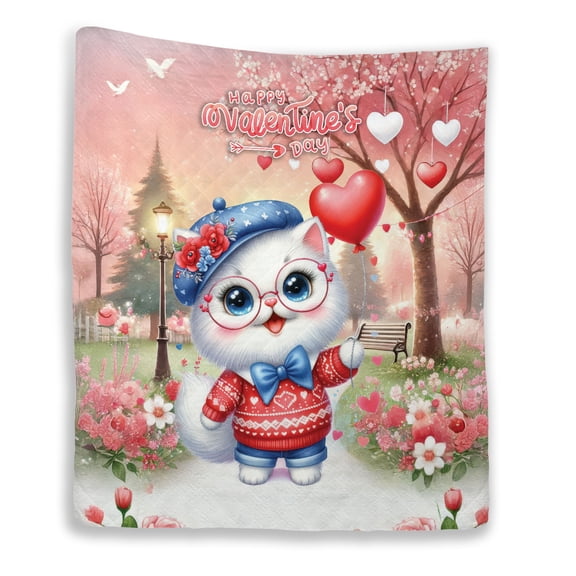 Happy Valentine’s Day Adorable Persian Kitten Holding Heart Balloon Quilt Blanket Cat Lover Kitten Owner Gifts Cozy Comforter Throw Blanket - 00030