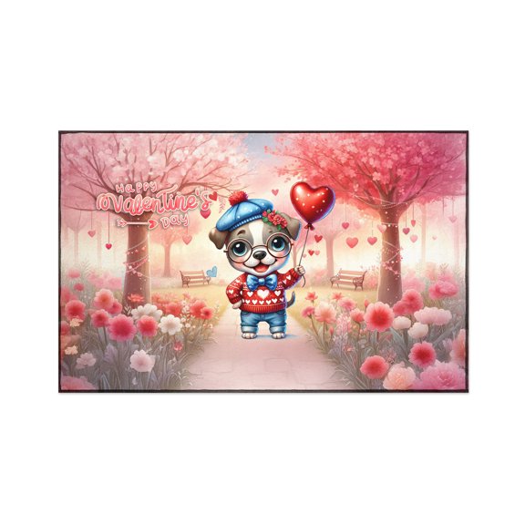 Happy Valentine’s Day Adorable Pitbull Puppy Holding Heart Balloon Indoor Rug Terrier Dog Lover Carpet Living Bed Room Sofa Home Decor - 00030
