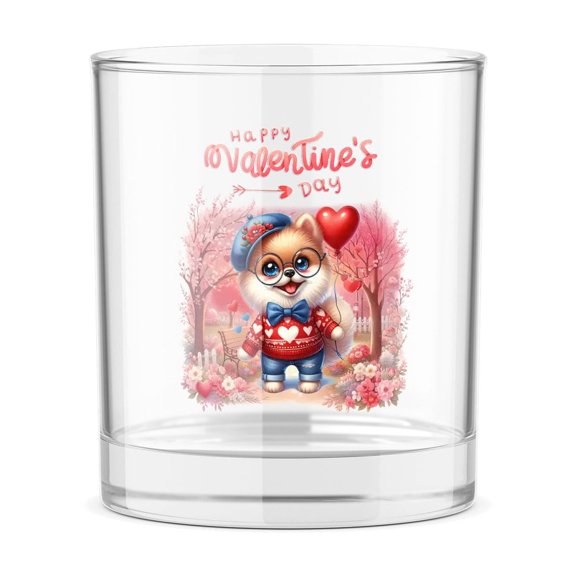 Happy Valentine’s Day Adorable Pomeranian Puppy Holding Heart Balloon 11oz Whiskey Glass Mug Pom Dog Lover Gifts Whiskey Cocktail Glasses Cup - 00030