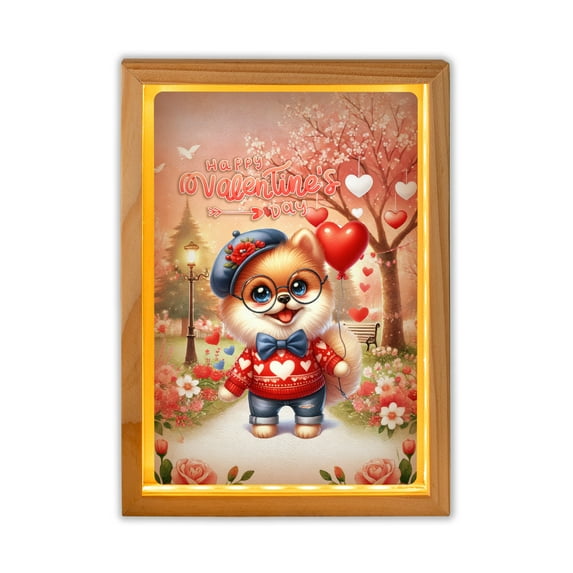 Happy Valentine’s Day Adorable Pomeranian Puppy Holding Heart Balloon Acrylic Plaque with Wood Photo Frame Box Pom Dog Lover Gifts Light Box - 00030
