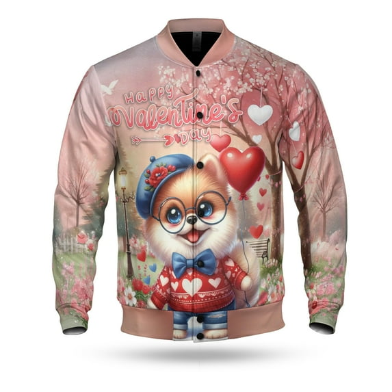 Happy Valentine’s Day Adorable Pomeranian Puppy Holding Heart Balloon All Over Print 3D Baseball Jacket Pom Dog Lover Gifts Bomber Jacket Softball - 00030