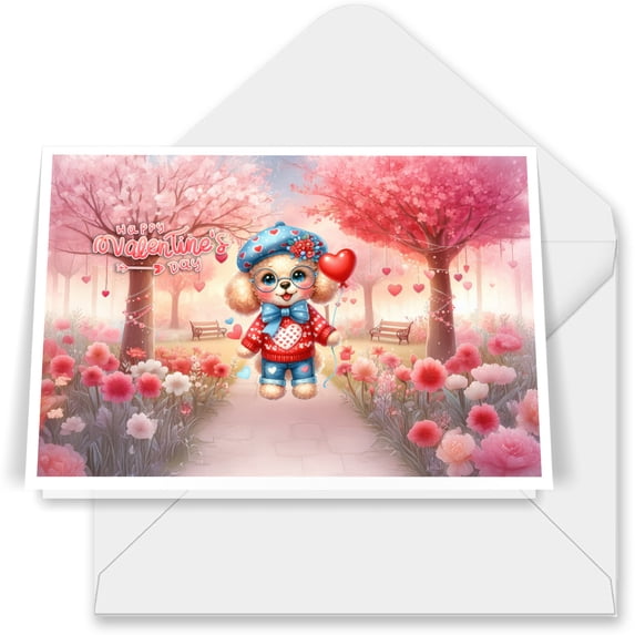 Happy Valentine’s Day Adorable Poodle Puppy Holding Heart Balloon 7x5in Folded Greeting Card Poodles Dog Lover Gifts Idea Single Note Card with Envelope - 00030