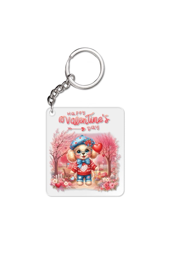 Happy Valentine’s Day Adorable Poodle Puppy Holding Heart Balloon Acrylic Keychain Poodles Dog Lover Gifts Idea Collar Charm Tag Keyring - 00030