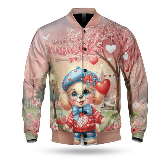 Happy Valentine’s Day Adorable Poodle Puppy Holding Heart Balloon All Over Print 3D Baseball Jacket Poodles Dog Lover Gifts Idea Bomber Jacket Softball - 00030