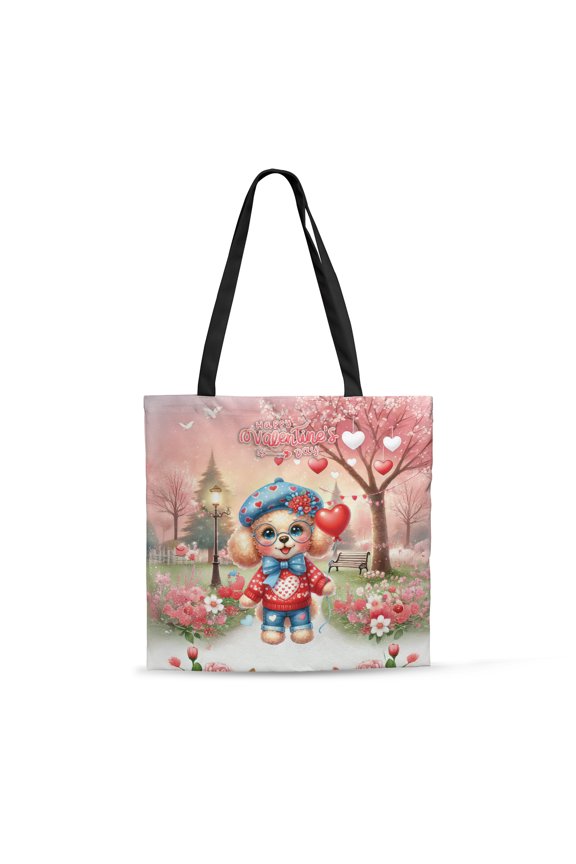 Happy Valentine’s Day Adorable Poodle Puppy Holding Heart Balloon All Over Print 3D Canvas Tote Bag Poodles Dog Lover Gifts Idea Reusable Handbag - 00030
