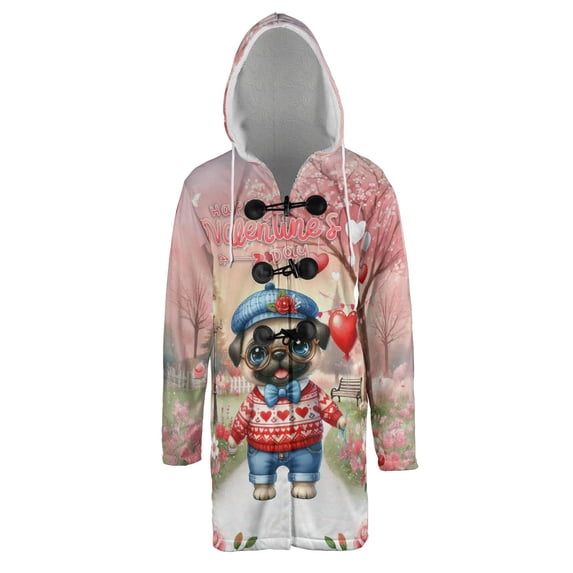 Happy Valentine’s Day Adorable Pug Puppy Holding Heart Balloon All Over Print 3D Hooded Duffle Toggle Coat Dog Lover Gifts - 00030