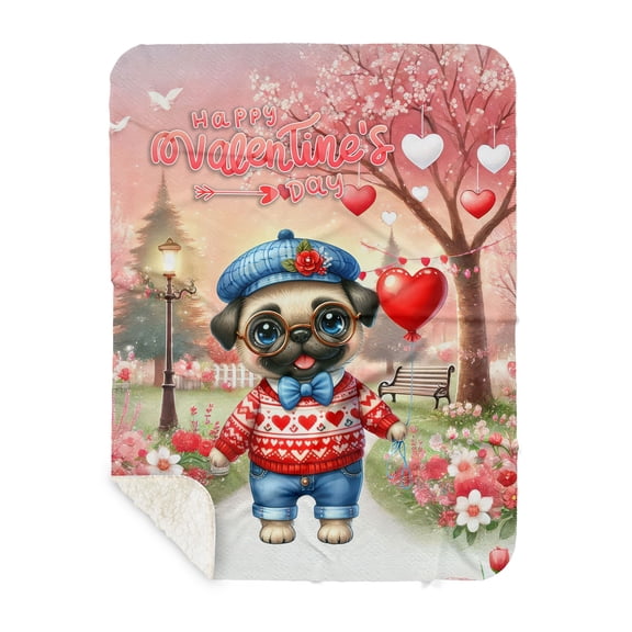 Happy Valentine’s Day Adorable Pug Puppy Holding Heart Balloon Cozy Sherpa Blanket Dog Lover Gifts Warm Soft Throw Blanket - 00030