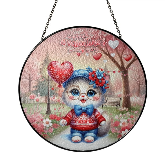 Happy Valentine’s Day Adorable Ragdoll Kitten Holding Heart Balloon Stained Glass Suncatcher Cat Lover Kitten Owner Gifts Idea Window Hanging Sign Decor - 00030