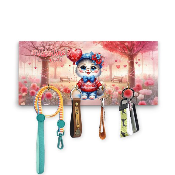 Happy Valentine’s Day Adorable Ragdoll Kitten Holding Heart Balloon Wood Key Holder Cat Lover Kitten Owner Gifts Idea Wall-mounted Key Rack Home Decor - 00030