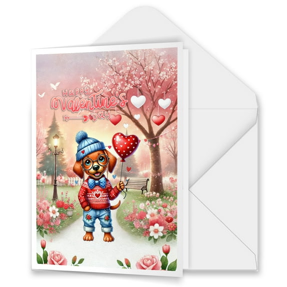 Happy Valentine’s Day Adorable Rhodesian Ridgeback Puppy Holding Heart Balloon 5x7in Folded Greeting Card Ridgebacks Dog Lover Gifts Single Note Card with Envelope - 00030