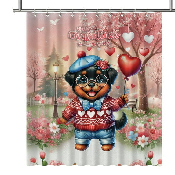 Happy Valentine’s Day Adorable Rottweiler Puppy Holding Heart Balloon Shower Curtain Rottie Dog Lover Gifts Idea Waterproof Bathroom Bathtub Curtain - 00030