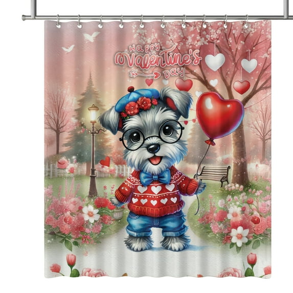Happy Valentine’s Day Adorable Schnauzer Puppy Holding Heart Balloon Shower Curtain Miniature Schnauzer Dog Lover Waterproof Bathroom Bathtub Curtain - 00030