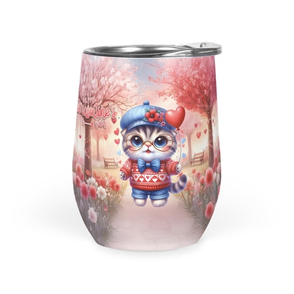 Happy Valentine’s Day Adorable Scottish Fold Kitten Holding Heart Balloon 12oz Stainless Steel Wine Tumbler Insulated Cup with Lid Cat Lover Kitten Owner Gifts - 00030