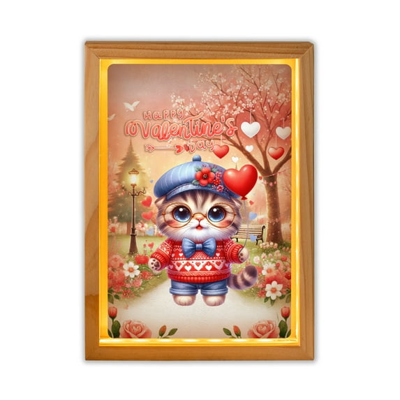 Happy Valentine’s Day Adorable Scottish Fold Kitten Holding Heart Balloon Acrylic Plaque with Wood Photo Frame Box Cat Lover Kitten Owner Gifts Light Box - 00030