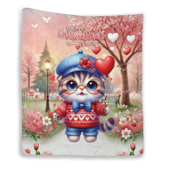 Happy Valentine’s Day Adorable Scottish Fold Kitten Holding Heart Balloon Quilt Blanket Cat Lover Kitten Owner Gifts Cozy Comforter Throw Blanket - 00030