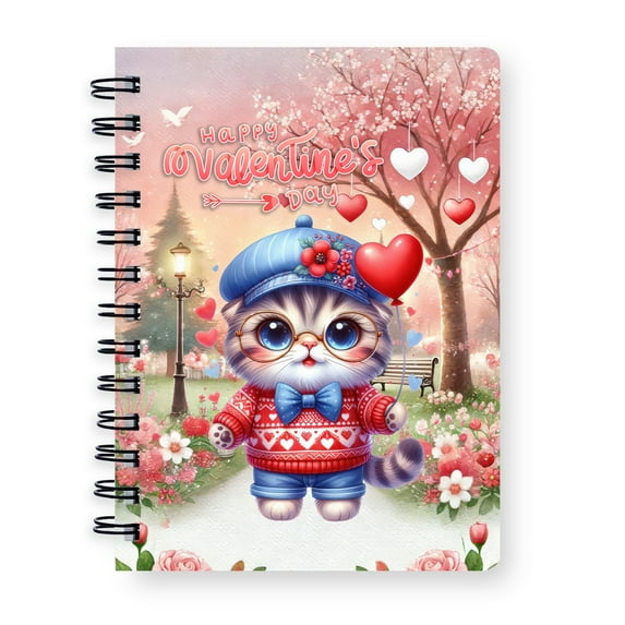 Happy Valentine’s Day Adorable Scottish Fold Kitten Holding Heart Balloon Spiral Bound Journal Cat Lover Kitten Owner Gifts 5x7in Spiral Notebook - 00030