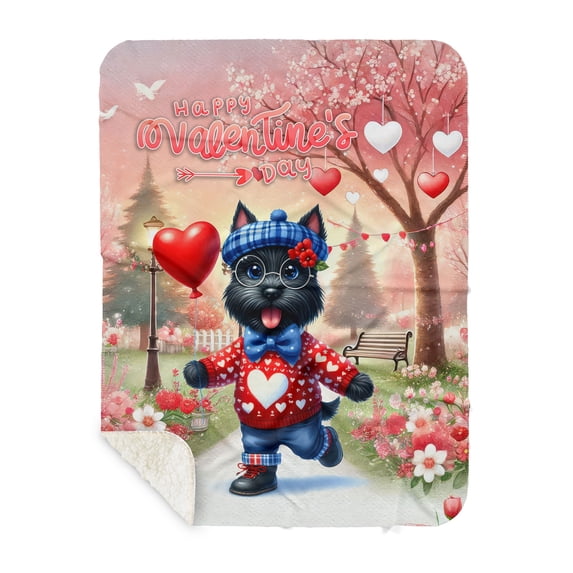 Happy Valentine’s Day Adorable Scottish Terrier Puppy Holding Heart Balloon Cozy Sherpa Blanket Scottie Dog Lover Gifts Warm Soft Throw Blanket - 00030