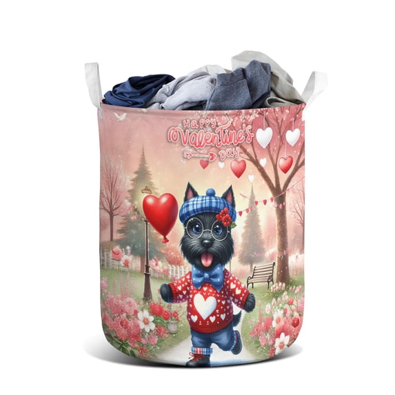 Happy Valentine’s Day Adorable Scottish Terrier Puppy Holding Heart Balloon Foldable Laundry Basket Scottie Dog Lover Gifts Organizer Storage with Handles - 00030