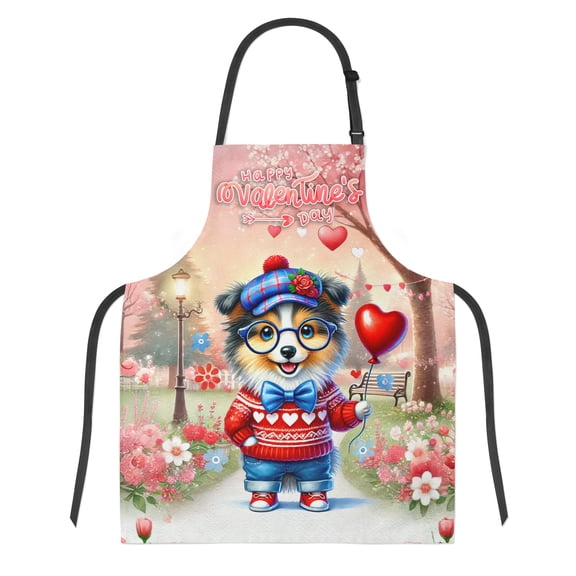 Happy Valentine’s Day Adorable Shetland Sheepdog Puppy Holding Heart Balloon Apron Sheltie Dog Lover Gifts for Cooking Grilling Baking Painting Gardening - 00030