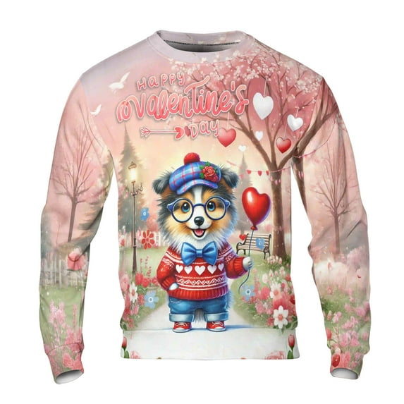 Happy Valentine’s Day Adorable Shetland Sheepdog Puppy Holding Heart Balloon All Over Print 3D Sweatshirt Unisex Merch Sheltie Dog Lover Gifts - 00030