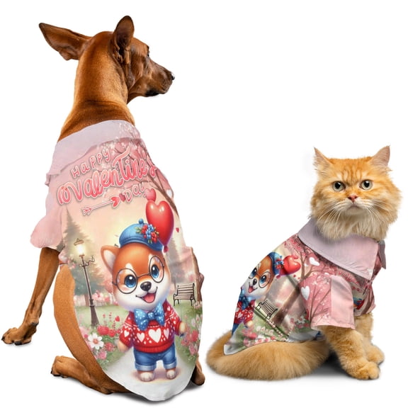 Happy Valentine’s Day Adorable Shiba Inu Puppy Holding Heart Balloon Hawaiian Summer Shirt for Small Medium Large Dog Cat Shibas Dog Lovers Gifts Idea - 00030