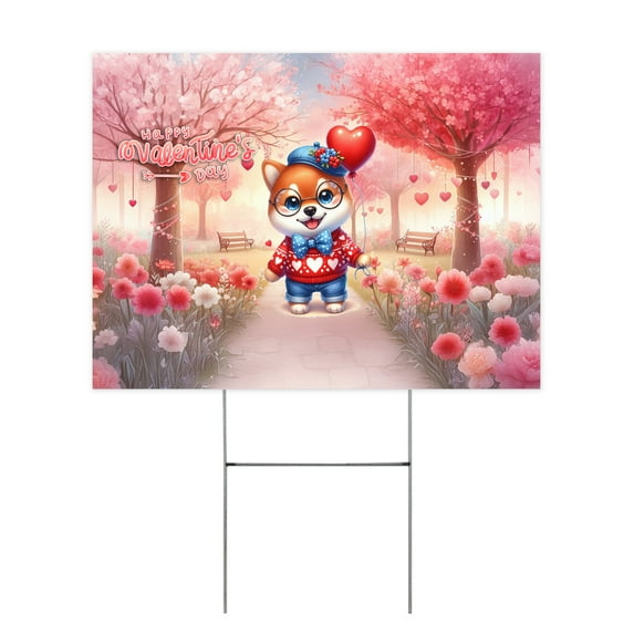 Happy Valentine’s Day Adorable Shiba Inu Puppy Holding Heart Balloon Yard Sign Shibas Dog Lovers Gifts Idea Outdoor Home Lawn Garden Porch Decor - 00030