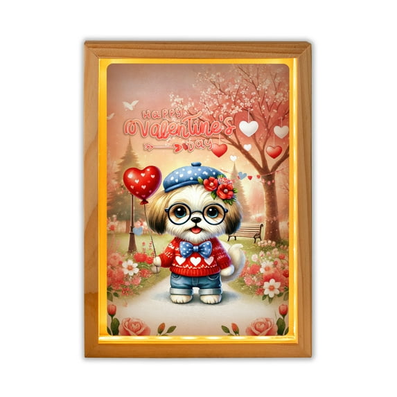 Happy Valentine’s Day Adorable Shih Tzu Puppy Holding Heart Balloon Acrylic Plaque with Wood Photo Frame Box Lion Dog Lover Gifts Light Box - 00030