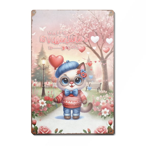 Happy Valentine’s Day Adorable Siamese Kitten Holding Heart Balloon Vertical Metal Aluminum Sign Cat Lover Kitten Owner Gifts Wall Art Home Decor - 00030