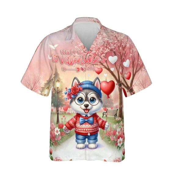 Happy Valentine’s Day Adorable Siberian Husky Puppy Holding Heart Balloon Hawaiian Shirt Breathable Summer Unisex Merch Husky Dog Lover Gifts - 00030