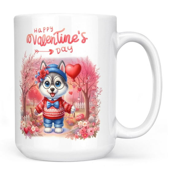 Happy Valentine’s Day Adorable Siberian Husky Puppy Holding Heart Balloon Mug Husky Dog Lover Gifts Coffee Tea Cup - 00030