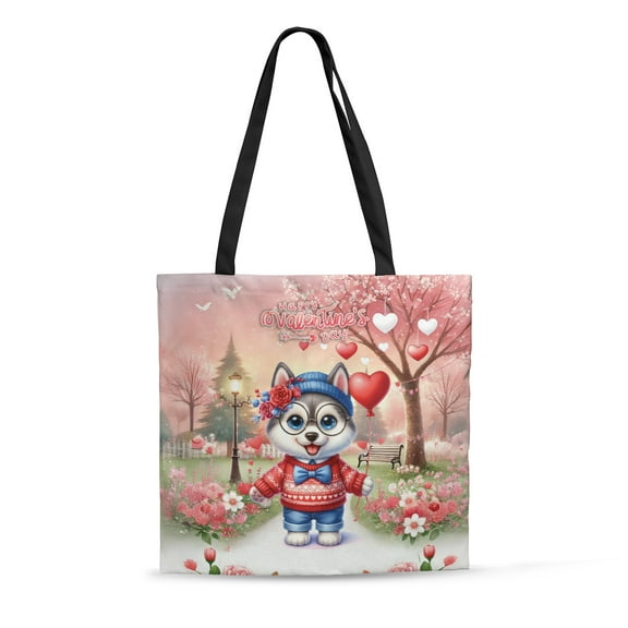Happy Valentine’s Day Adorable Siberian Husky Puppy Holding Heart Balloon All Over Print 3D Canvas Tote Bag Husky Dog Lover Gifts Reusable Handbag - 00030