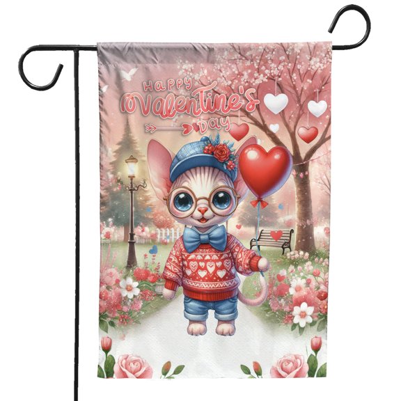 Happy Valentine’s Day Adorable Sphynx Kitten Holding Heart Balloon Garden Flag 12x18in Double Sided Cat Lover Kitten Owner Gifts Idea Outdoor Decor - 00030
