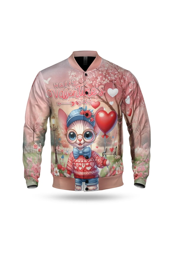 Happy Valentine’s Day Adorable Sphynx Kitten Holding Heart Balloon All Over Print 3D Baseball Jacket Cat Lover Kitten Owner Gifts Idea Bomber Jacket Softball - 00030