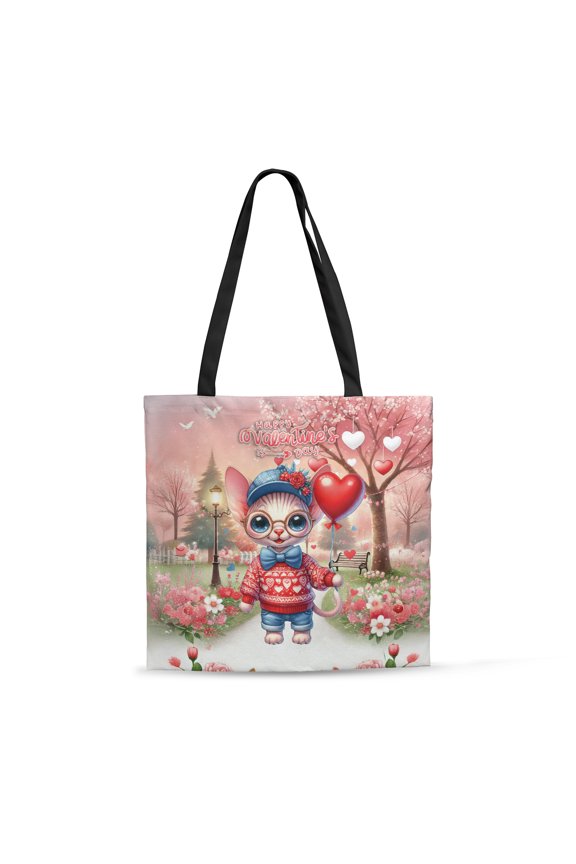 Happy Valentine’s Day Adorable Sphynx Kitten Holding Heart Balloon All Over Print 3D Canvas Tote Bag Cat Lover Kitten Owner Gifts Idea Reusable Handbag - 00030