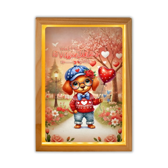Happy Valentine’s Day Adorable Vizsla Puppy Holding Heart Balloon Acrylic Plaque with Wood Photo Frame Box Vizslas Dog Lover Gifts Idea Light Box - 00030