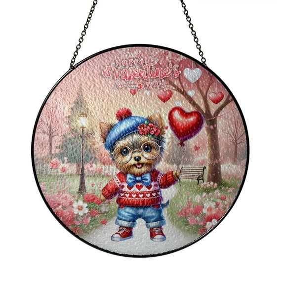 Happy Valentine’s Day Adorable Yorkshire Terrier Puppy Holding Heart Balloon Stained Glass Suncatcher Yorkie Dog Lover Gifts Window Hanging Sign Decor - 00030