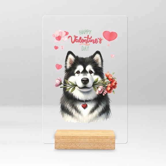 Happy Valentine's Day Alaskan Malamute holding flowers Acrylic Plaque Sign Ashwood Base Alaska Mal Dog Lovers Gifts Home Desk Decor - 03005