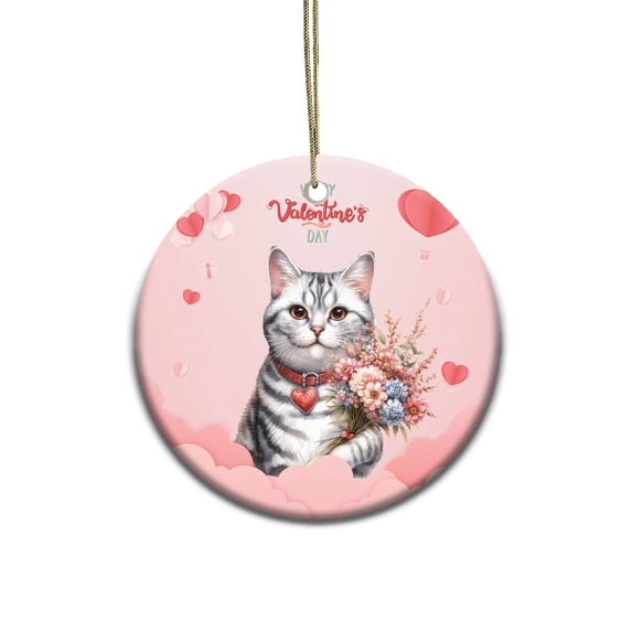 Happy Valentine's Day American Shorthair holding flowers Ceramic Round Ornament Cat Lover Kitten Owner Gifts Home Tree Decor - 03005